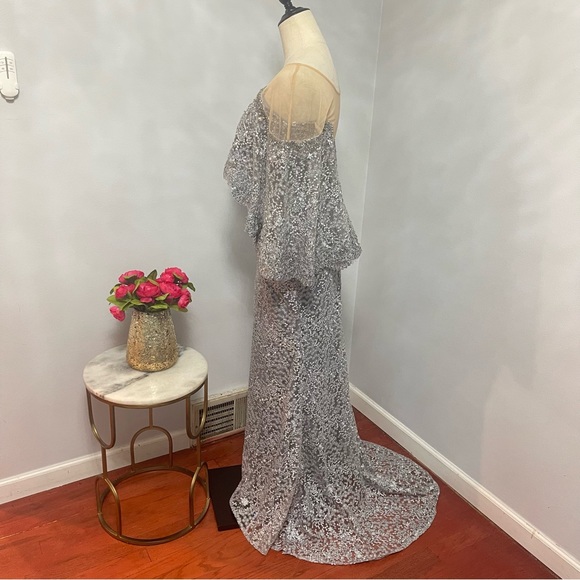 Mac Duggal Pearl Grey Cape Style Embellished Wedding Evening Gown- NWT- Reemoly - Picture 6 of 17